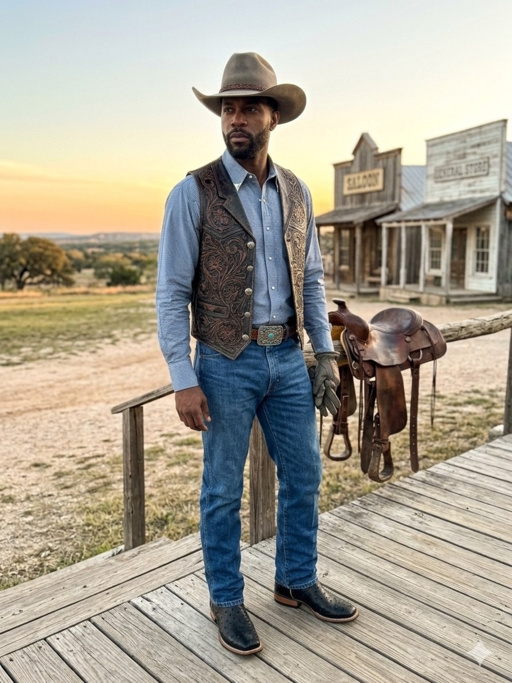 Men's Black Western Boots with Turquoise Accents